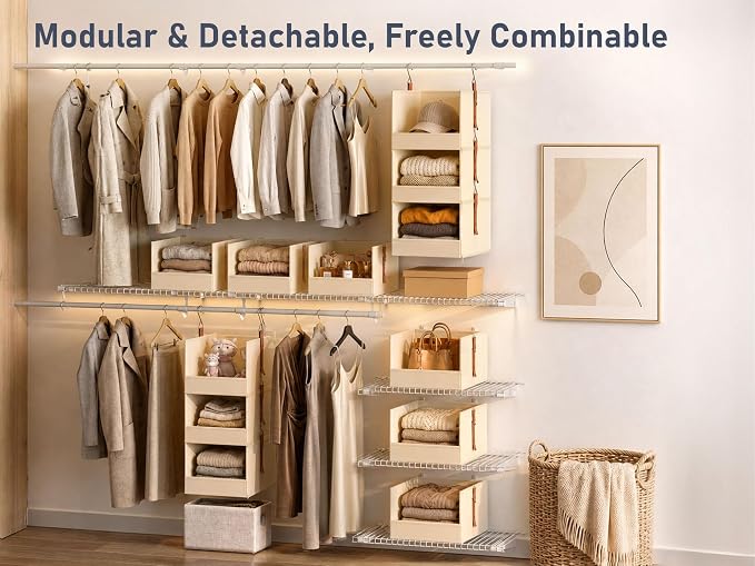 DIMJ Hanging Closet Organizer - 5-Tier Modular Hanging Shelves with Zippers Hooks, Collapsible Baskets for RV, Dorm, Small Spaces, Fabric Storage Bins for Clothes, Handbags