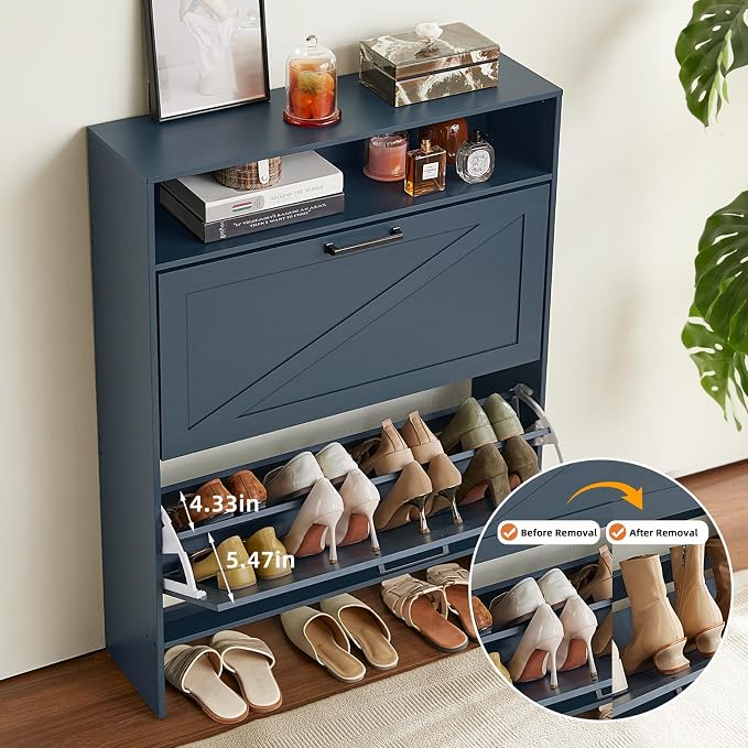 RWYHG Shoe Cabinet Storage for Entryway with 2 Flip Drawers Open Storage Layer Rack Narrow Organizer Slim Hidden Wood Shoe Cabinet Furniture Blue