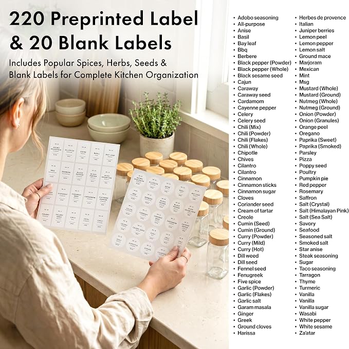 EDELHAUS Glass Spice Jars with Label, 36x Bamboo Wooden Lids - White Labels | Airtight Lids keep spices fresh, Kitchen Spice Drawer Organizer, 4oz Seasoning Containers incl. Funnel, Brush & 240 Labels