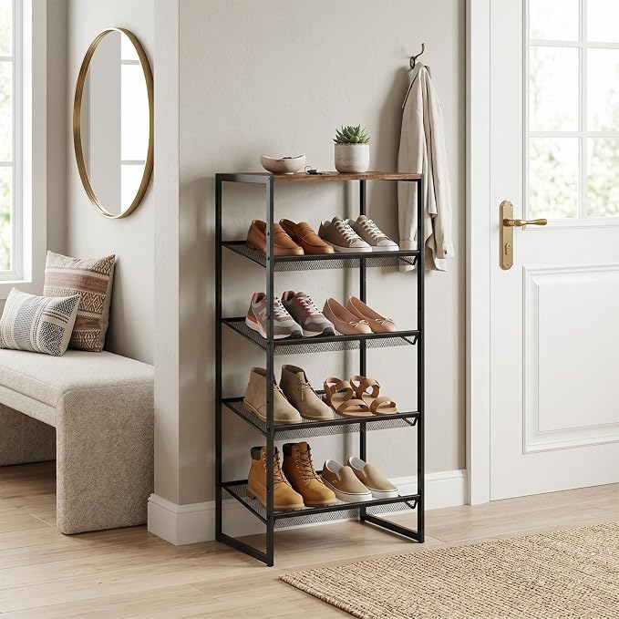 Shoe Rack for Entryway,，5 Tier Shoe Storage Organizer，Sturdy Shoe Shelf,Boot Rack with a Fine Mesh Shelves，for Living Room, Hallway，Small Space,11.8 x 16.5 x 27.9 Inches,Brown