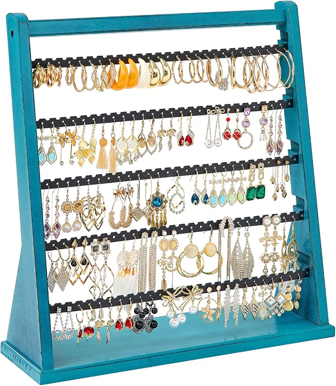 Poyilooo Earring Organizer Stand, Rustic Wood Earring Holder Rack, 5 Layer Jewelry Holder Organizer with 270 Earring Tree Holes Display for Stud Earings & Hoop Earrings, Gifts for Women (Teal)
