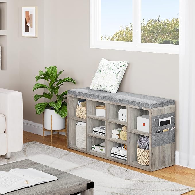 GAOMON Entryway Shoe Storage Cabinet Bench with 10 Cubbies,Shoe Rack with Cushion,3-Tier Adjustable Shelf for Entryway,Living Room,Hallway,Bedroom,Mudroom, Closet and Garage(Grey,41inches)