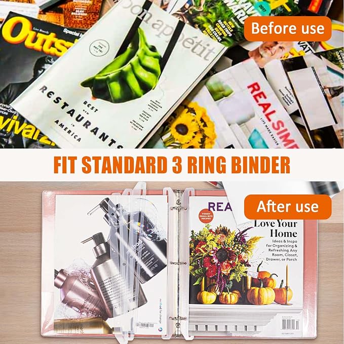 24Pcs 3 Hole Punched Magazine Holders, 3 Ring Binder Insert Strips, White | Punch-Free for Magazines, Magazine Organizer