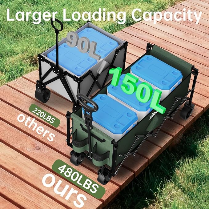 Extra Long Collapsible Wagon Cart, 480LBS Heavy Duty Utility Wagons with All-Terrain Wheels, Foldable Grocery Carts for Gardening, Shopping, Beach, Camping, Army Green
