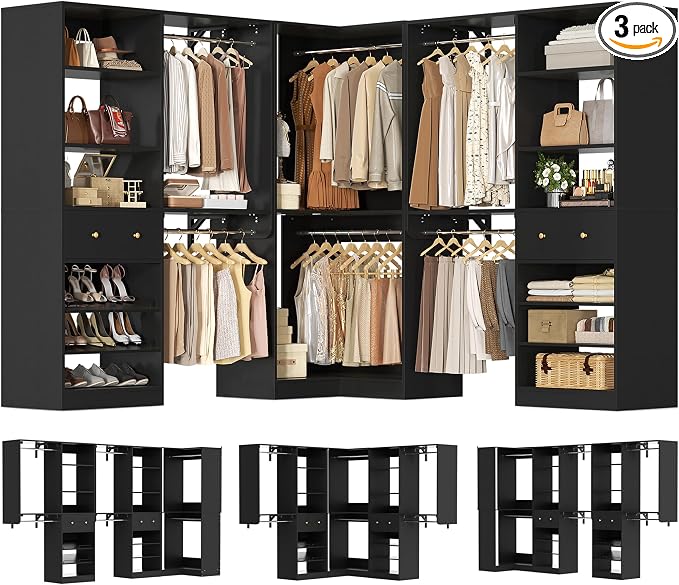 Armocity Closet System Set of 3 - Corner Closet Organizer System with 2 Drawers/16 Shelves/6 Hanging Rods, 151.1" L-Shaped Walk-In Wardrobe Organizer, 2800+ lbs Capacity, Black