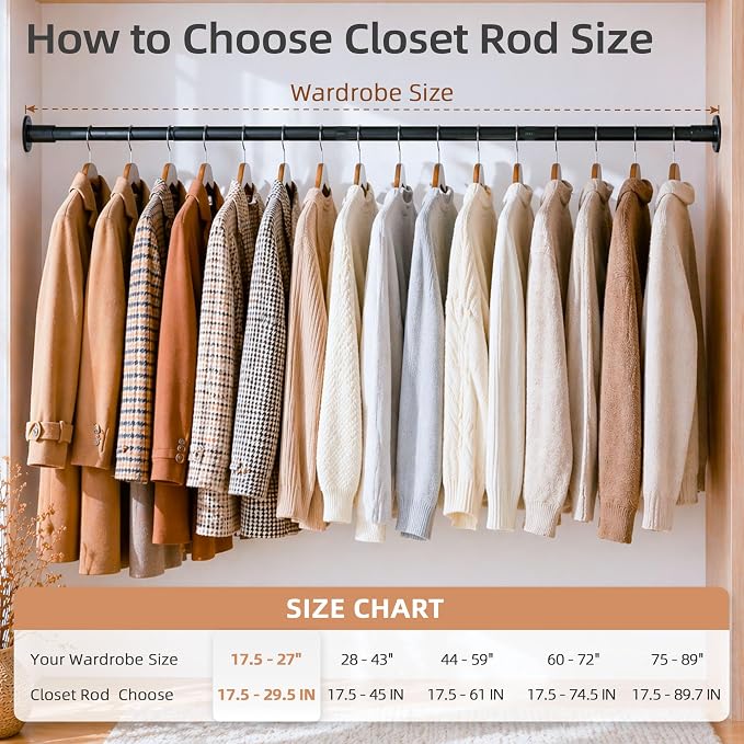 STORAGE MANIAC Closet Rods for Hanging Clothes 17.5 to 29.5 Inches Heavy Duty Stepless Adjustable Closet Hanging Rod 1.2 Inch Diameter Metal Closet Rod for Wardrobe Bathroom Bedroom Laundry RV, Black