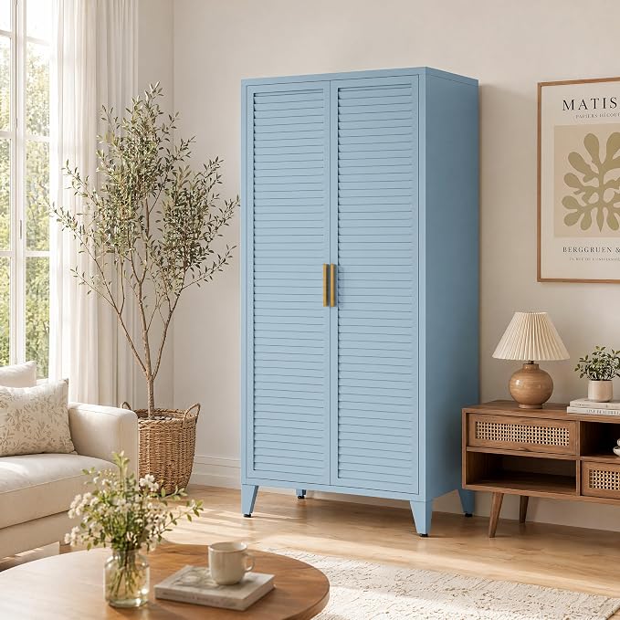 Blue Metal Storage Cabinet with Doors Pantry Cabinet with 3 Adjustable Shelves, 61" Tall Steel Kitchen Storage Locker for Kitchen Living Room Bedroom Home Bathroom