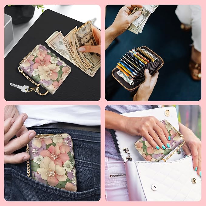 Blusabaca RFID Credit Card Holder Small Women Travel Wallet, Flower Floral | Removable Keychain, Case with Zipper, Vegan PU Leather, Cash Coin Pocket, Business Accordion Purse, Ladies Female Gift