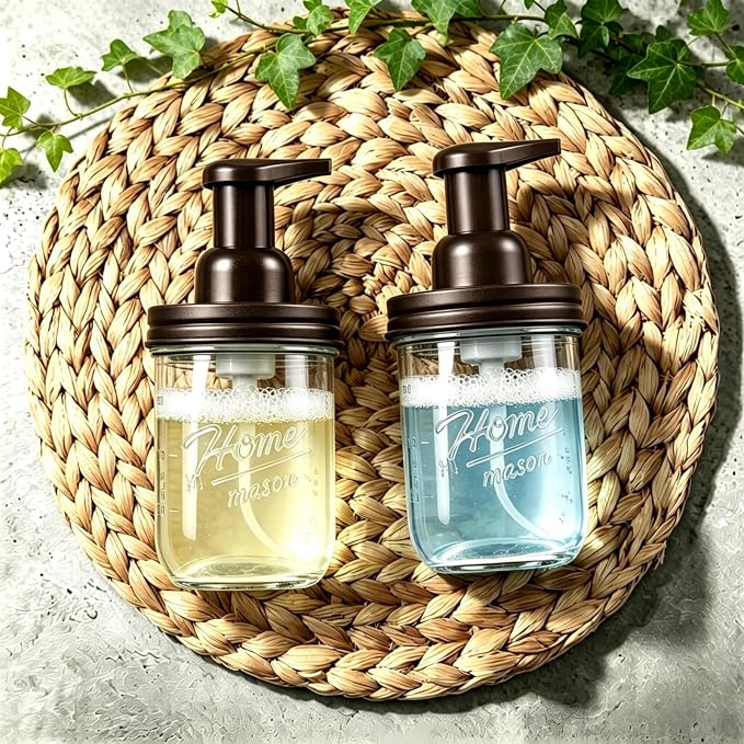 SheeChung Mason Jar Foaming Soap Dispenser, Glass Foaming Hand Soap Dispensers, Stainless Steel Lid, Refillable Foam Soap Dispenser for Bathroom Kitchen, Farmhouse Bathroom Decor (1 Pack, Bronze)