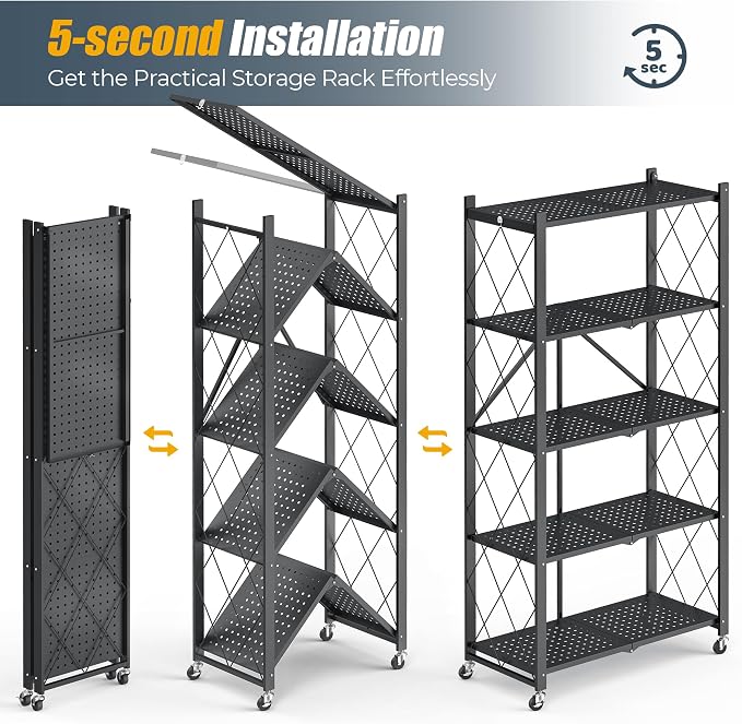 Fenbeli 5 Tier Storage Shelf with Wheels - Metal Collapsible Shelving Unit Display, Heavy Duty Folding Shelves, No Assembly Organizer Rack for Garage Kitchen, Basement, Pantry (Black, 5 Tier)
