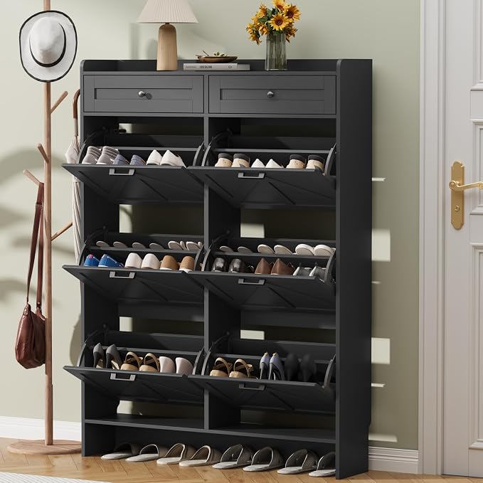 Thacuok Shoe Cabinet with 6 Flip Drawers & 2 Storage Drawers, Rustic Farmhouse Narrow Shoe Organizer Cabinet, Slim Shoe Rack Cabinet, Shoe Storage Cabinet for Entryway, Hallway, Front Door