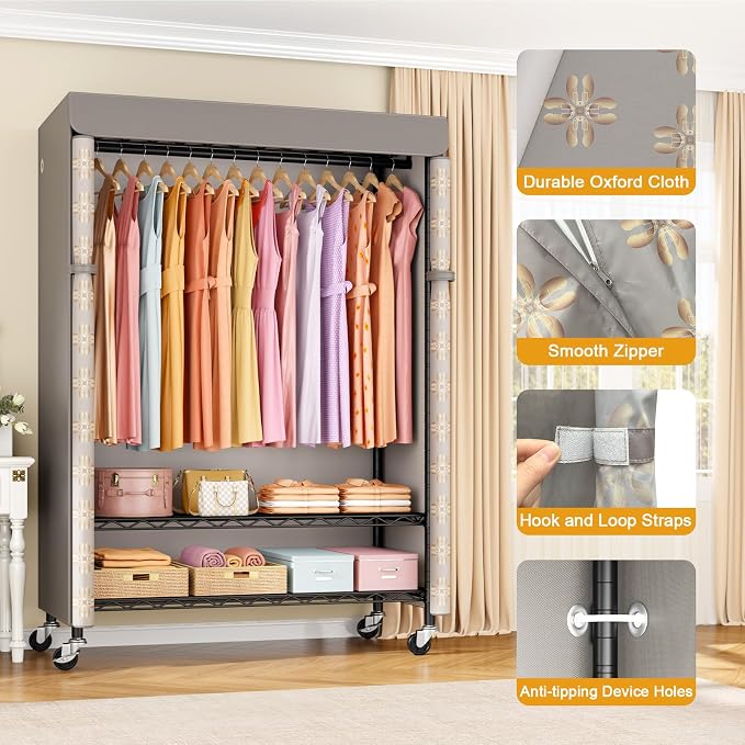ULIFHOME Rolling Clothes Rack with Cover, Covered Clothing Rack Heavy Duty | P6C Plus Portable Closet for Hanging Clothes, Garment Rack on Wheels, Black Closet Rack with Pattern Cover, Max Load 375LBS