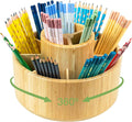 Utoplike Large Bamboo Rotating Pencil Holder, 360° Colored Pen Organizer | Spinning Art Supply Desk Caddy with Raised Center, 11-Compartment Desktop Storage for Pens, Markers and Office Supplies
