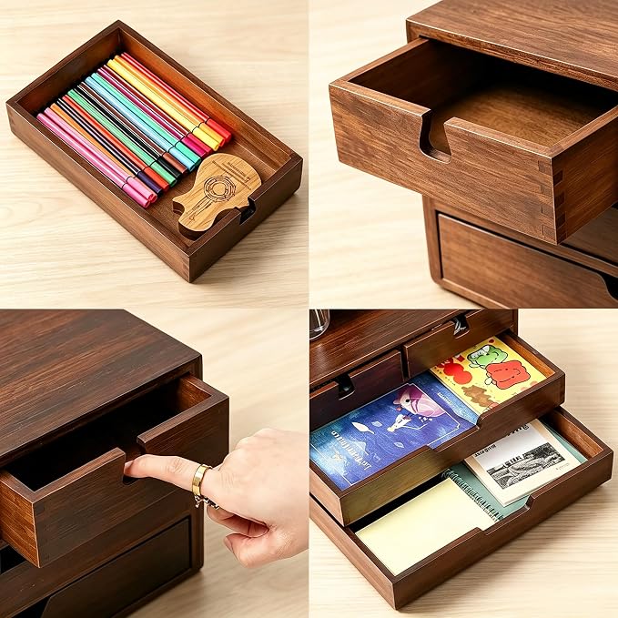 DEAYOU Bamboo Desk Organizer, 100% Natural Bamboo Desktop Drawer Organizer, Dark Brown Tabletop Storage Cabinet Organization Box with 4 Drawer for Makeup, Letter, Home, 3 Layer, Fully Assemble