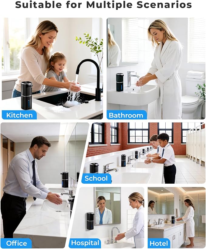 Automatic Soap Dispenser, USB Rechargeable, Touchless & Wall/Tabletop | 13.5oz/400mL, 9-Level Adjustable, IPX5 Waterproof，Compatible with Thick Thin Dish Soap for Kitchen Bathroom, Black
