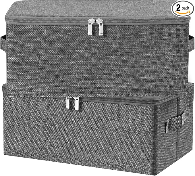 ANMINY 2PCS Storage Bins with Zipper Lids 13 Qt Lidded Fabric Storage Boxes Baskets Cubes with Handles Collapsible Washable Cotton Linen Closet Shelf Clothes Organizer Containers - Gray, Small