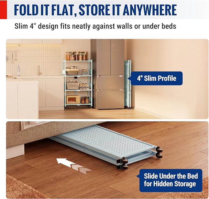 WORKPRO 4-Tier Folding Shelf, No-Assembly Metal Storage Rack with Wheels, 600 lbs Capacity (with Leveling Feet), Collapsible Shelving Unit for Kitchen, Pantry, Closet & Craft Shows - Blue