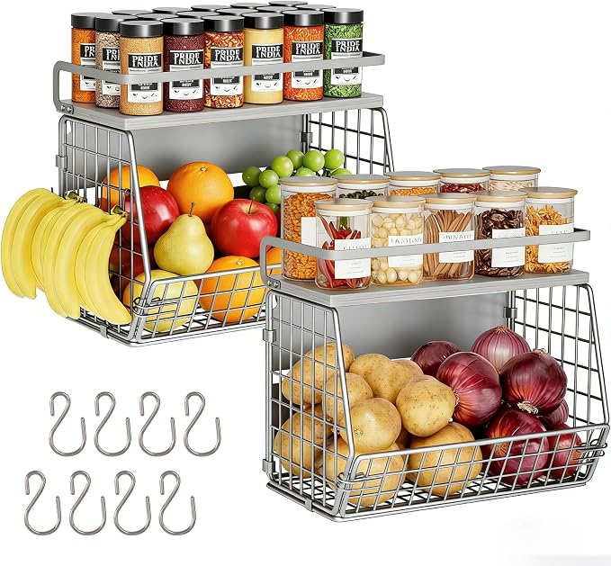Fruit Basket 2 IN 1 Magnetic & Hanging Wall Produce Basket for Potato Onion Fruit and Vegetable Storage,Magnetic Spice Rack for Refrigerator Kitchen Counter Cabinet Pantry