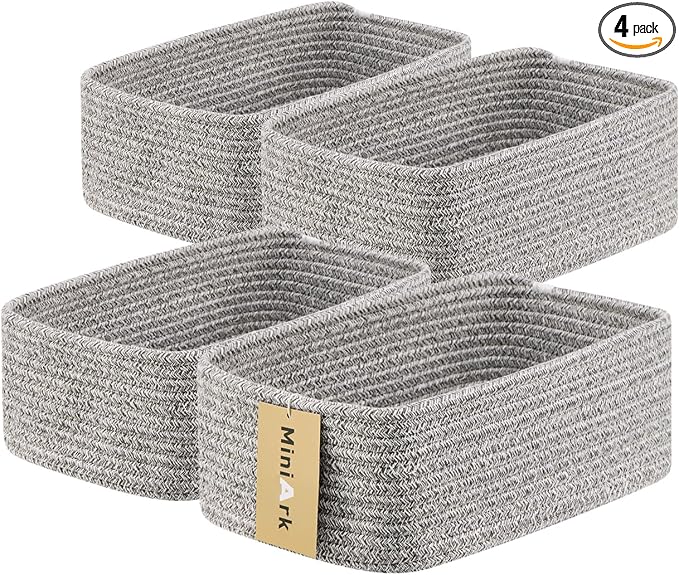 MiniArk Small Storage Baskets for Organizing | Closet Organizer Bins | Shelf Toy Basket | Woven Rope Baskets | Cube Decorative Box | Shallow Basket | 11.5x7.5x4.7” | 4 Packs Mixed Grey