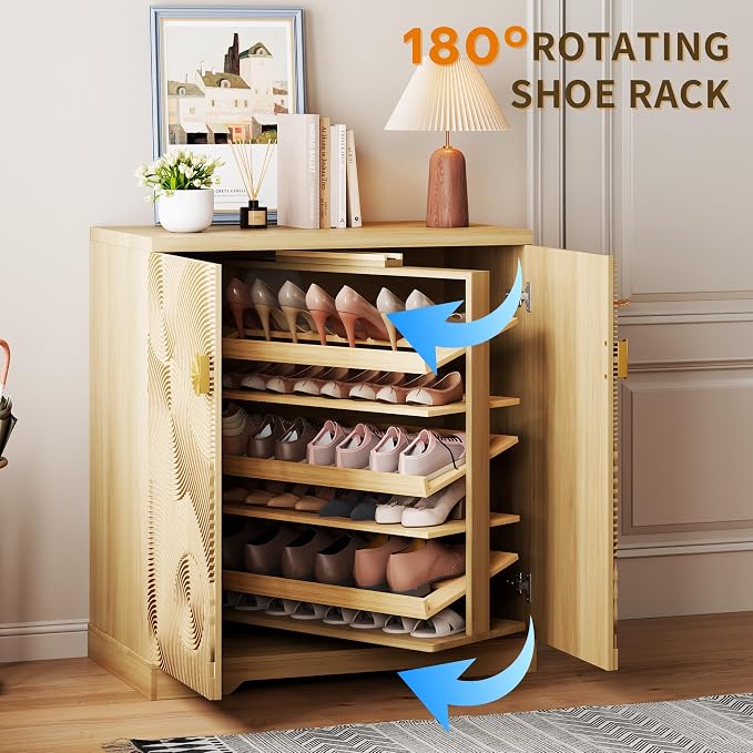 Vlsrka Shoe Storage Cabinet with Doors and 6 Tier Rotating Shelves, Wood | Suitable for 18 Pairs Shoe Organizer, Freestanding, Pull Out Shoe Rack, Wooden Entryway Cabinet for Hallway, Closet, Indoor