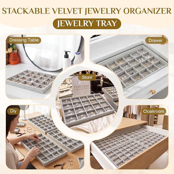 Unittype Set of 4 Stackable Jewelry Organizer Tray for Drawer Inserts Velvet Necklace Earring Bracelet Ring Holder Jewelry Display Storage Box for Bangle Stud Necklace Ring(24 Grid,Gray)