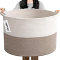 90L Extra Large Blanket Basket,Woven Rope Laundry Basket Hamper with Handles, Decorative Nursery Basket Storage Bin for Toys, Clothes Organizer, Living Room, Bedroom, Bathroom, White & Brown