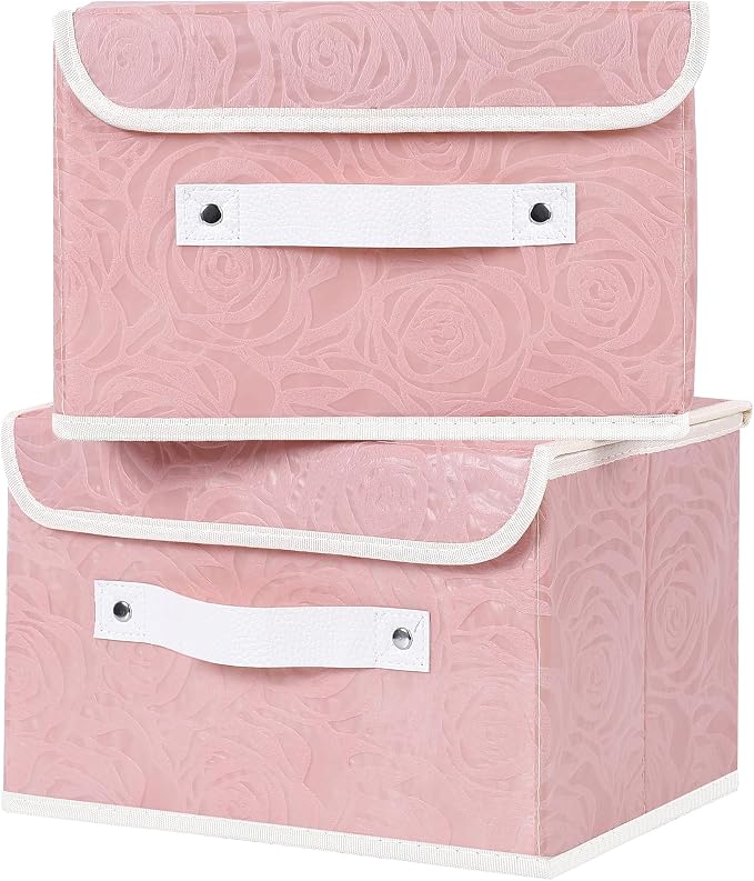 ANMINY 4PCS Fabric Storage Bin with Lid Rose Print Storage Box Basket with PU Leather Handles Washable PP Plastic Board Decorative Foldable Lidded Shelf Cubes Closet Organizer - Pink, Small Size