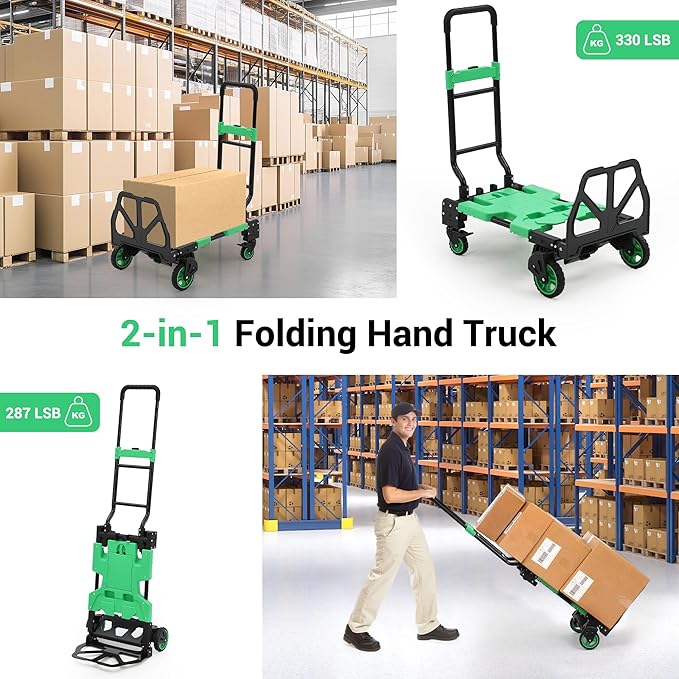 Versatile 2-in-1 Folding Hand Truck Dolly – Collapsible Basket, Retractable Handle, 4 Wheels – Heavy Duty Moving and Shopping Platform, 330 Lb Capacity, Foldable and Compact for Easy Storage