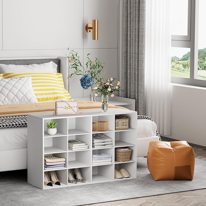 Garden 4 you Shoe Storage Bench, Cubby Shoe Rack with 16 Cubbies, 4-Tier Wood Shoe Rack Organizer, Shoe Organizer Cabinet for Entryway, Hallway, Closet and Garage, White