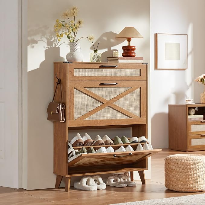 LEYAOYAO Shoe Cabinet Storage for Entryway with 2 Flip Drawers Rack Narrow Organizer Slim Hidden Wood Shoe Cabinet Furniture Tea Brown