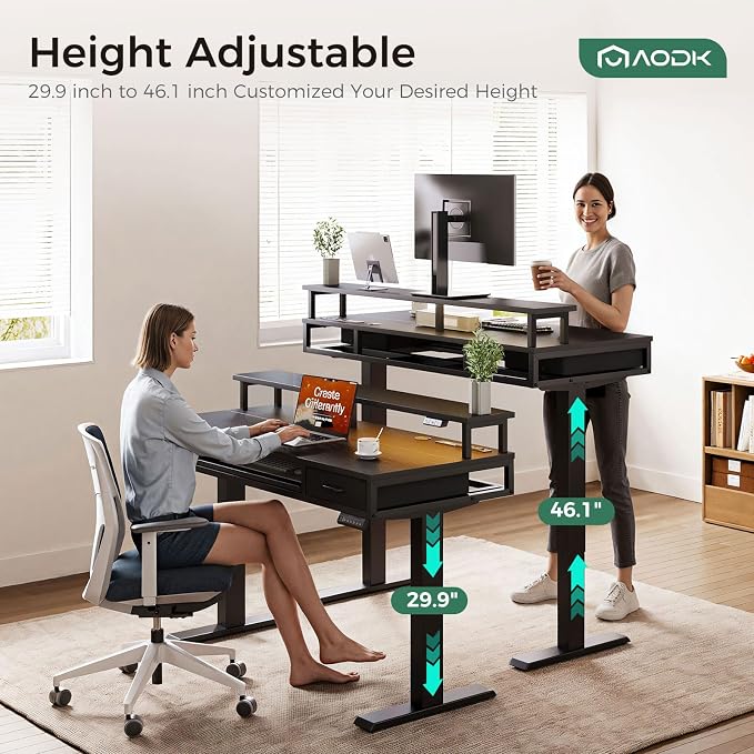 AODK 55 Inch Electric Standing Desk with Drawers & Keyboard Tray, Black | 3 Outlets & 2 USB Ports, 20-Mode LED Lights, Monitor Stand, Cable Management Tray, 3 Memory Heights, 29.9"-46.1" in Range