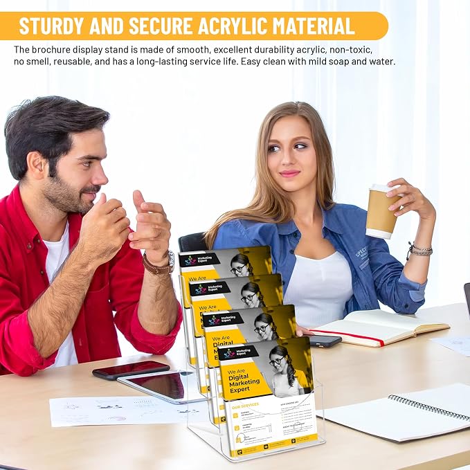 Acrylic Brochure Holder 8.5 x11”, 4 Tier Clear Literature Magazine Stand with Removable Divider for 4 x 9 Pamphlet Display Brochure with Business Card Holders- Wall Mount & Countertop