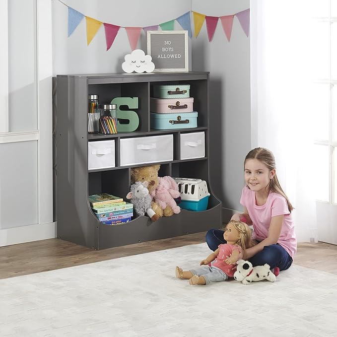 Badger Basket Combo Toy Storage Organizer and Bookshelf - Kids Storage Unit with 3 Removable Baskets, Open Shelves, Top Display Surface - Charcoal