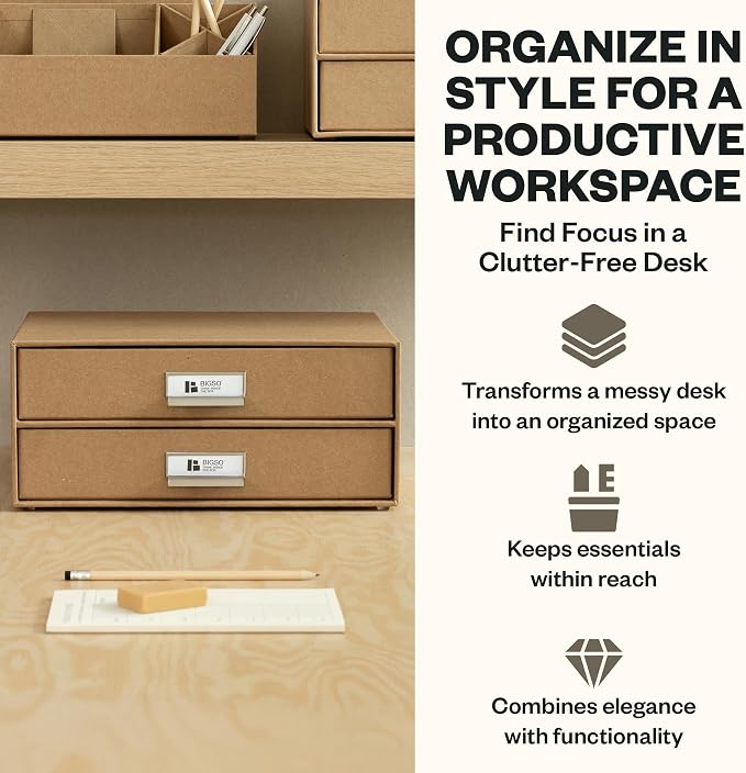 Bigso Birger 2-Drawer Fiberboard Document Letter Box - Paper Storage Drawers for A4 and Letter Sized Documents - Desktop Drawers with Label Holder - W 13.1 x D 10 x H 5.7 (inches) - Kraft