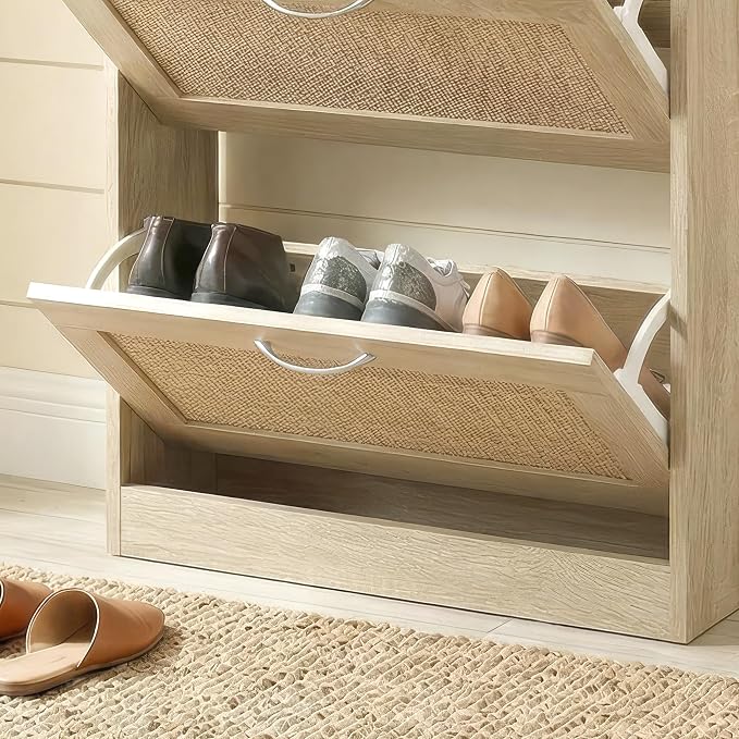 HOPUBUY Shoe Cabinet for Entryway, Narrow Shoe Storage with 3 Flip Drawers | Wood Slim Shoe Rack, 3 Tier Thin Shoe Organizer for Home and Apartment,Nature Rattan