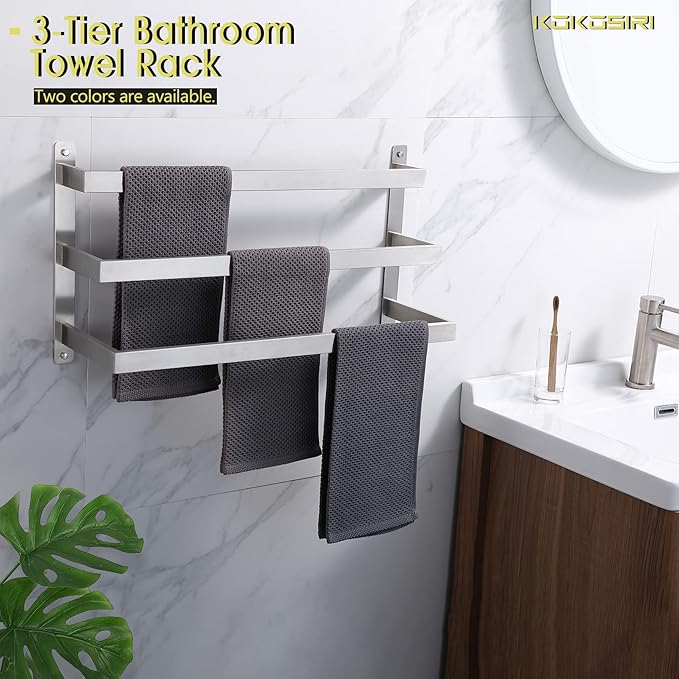 KOKOSIRI Bath Towel Bars Bathroom 3-Tiers Ladder Towel Rails Towel Holders Wall Mounted Towels Shelves Rack Brushed Stainless Steel, B5006BR-L24
