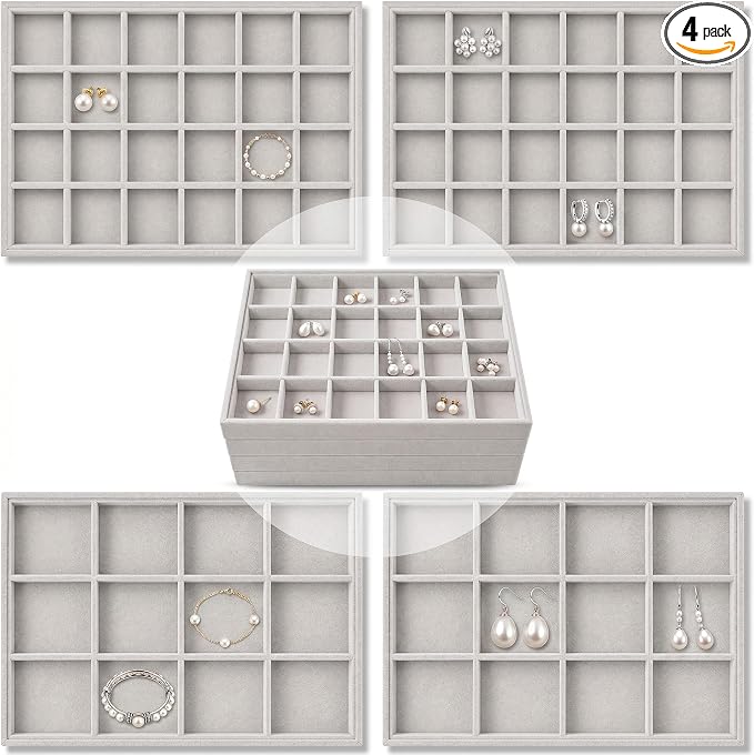 Unittype Set of 4 Stackable Jewelry Organizer Tray for Drawer Inserts Velvet Necklace Earring Bracelet Ring Holder Jewelry Display Storage Box for Bangle Stud Necklace Ring(24+12 Grid,Gray)