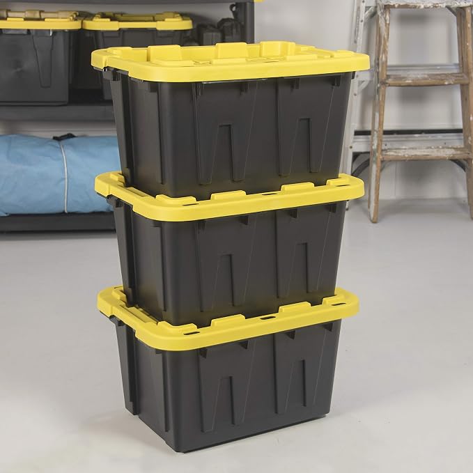 CX BLACK & YELLOW 12-Gallon Heavy Duty Storage Bins with Lids, Stackable Plastic Storage Bins, Dorm Room Essentials, Back to School, Classroom Organization, Home Organization, 4 Pack (12.51H x 16.3W x 21.8D)