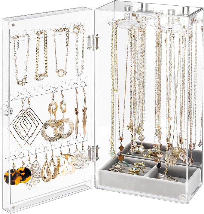 Lolalet Earring Holder Organizer, Acrylic Jewelry Organizer Rotating Clear Earrings Display Box, Dust-proof Jewelry Storage Case with Velvet Tray -Earringmirror