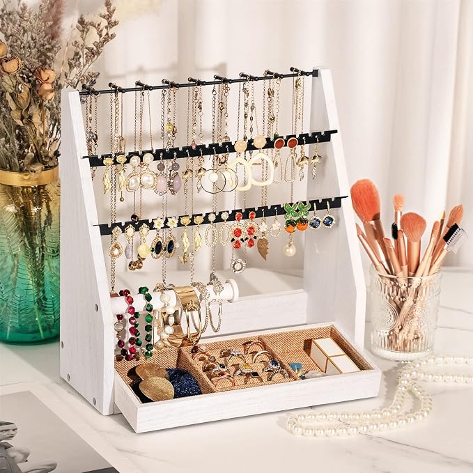 DGWJSU Earring Organizer, 5 Layer Earring Holder Organizer with Necklace Holder, Rustic Wood Jewelry Organizer Stand Display for Stud Earring Bracelet Necklace Ring, Watches