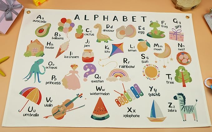 Classroom Wall Flag Decor-Teacher Gift-Inspirational Back to School Wall Banner Decor-Alphabet ABCD-Hanging Rectangular Canvas Banner for Classroom Teacher Office Reading Corner-28.5x20 Inches