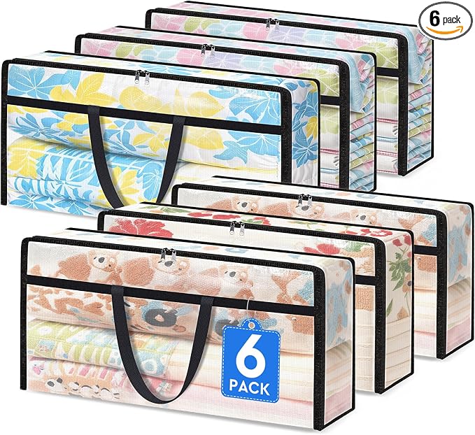 TasticTotes 6 Pack Clear Storage Bags for Comforter, 90L Long | Plastic Blanket Storage with Zipper & Handle, Foldable Moving Bags, Closet Organizer and Under-Bed Storage Containers