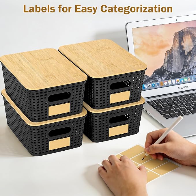 Stackable Storage Basket: Plastic Baskets Bins, Baskets for Organizing, Pantry Decorative Containers for Closets, Cabinets, Shelves(8 Pack, Black)