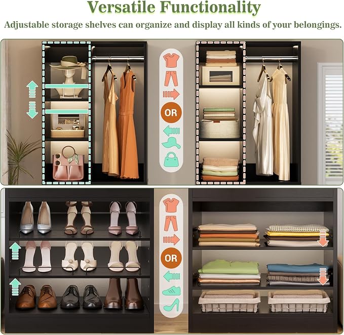 Besiost Closet System, 4.2–8.8 FT Closet Organizer with 2 Wooden Drawers and Shelves, Walk-in Closet System with 5 Hang Rods, Built-in Reach in Closet Tower, Can Fit 60 to 96 inch, Black