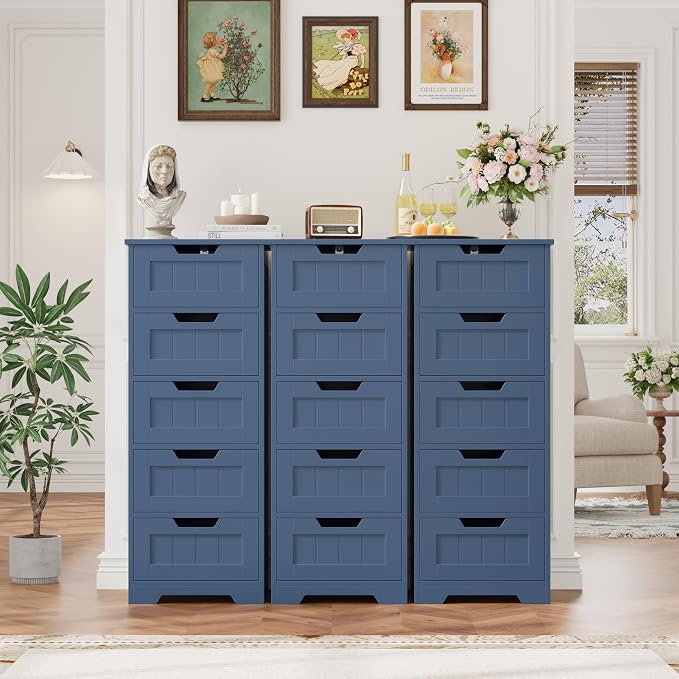 FOTOSOK Bathroom Cabinet, Bathroom Storage Cabinet with 5 Drawers, Wooden Storage Cabinets with Cut-Out Handles, 11.8” x 15.7” x 40.1” Bathrooms Floor Cabinets for Hallway/Living Room, Blue
