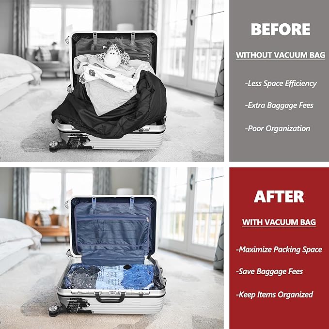 Vacuum Bags for Travel with Rechargeable Pump, 8 Medium Compression Packing Seal Bags for Luggage Suitcase, Space Saver for Clothing and Clothes Storage Travel