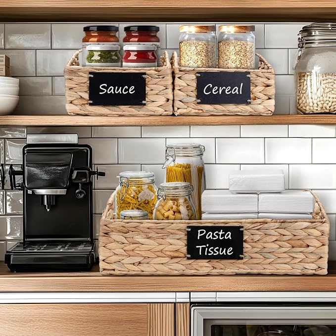 Hand-Woven Pantry Baskets for Organizing, Large Wicker Storage Baskets for Shelves with Labels, 2 Chalk Markers & Handles, 3 Pack Hyacinth Storage Bins for Pantry Kitchen Laundry Shelf