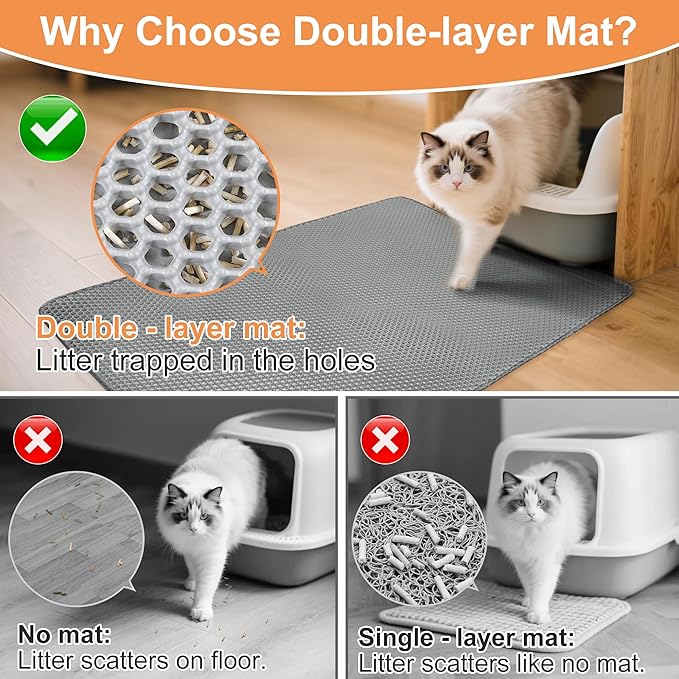 Cat Litter Mat XXL(47" x 39") - Large, Double-Layer, Non-Toxic, Easy Clean, Durable, Gray