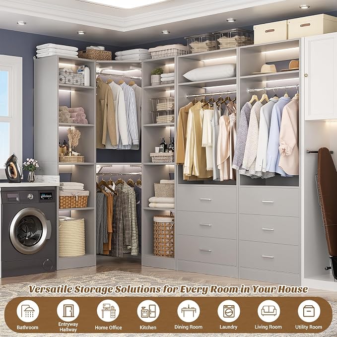 Besiost Corner Closet System with 6 Drawers, Closet Organizer System with 14 Shelves & 4 Hanging Rods, 87.2"L * 39.2"W / 63.2"L * 63.2"W Reversible L Shaped Walk-in Closets, Load 2500+LBS, Grey