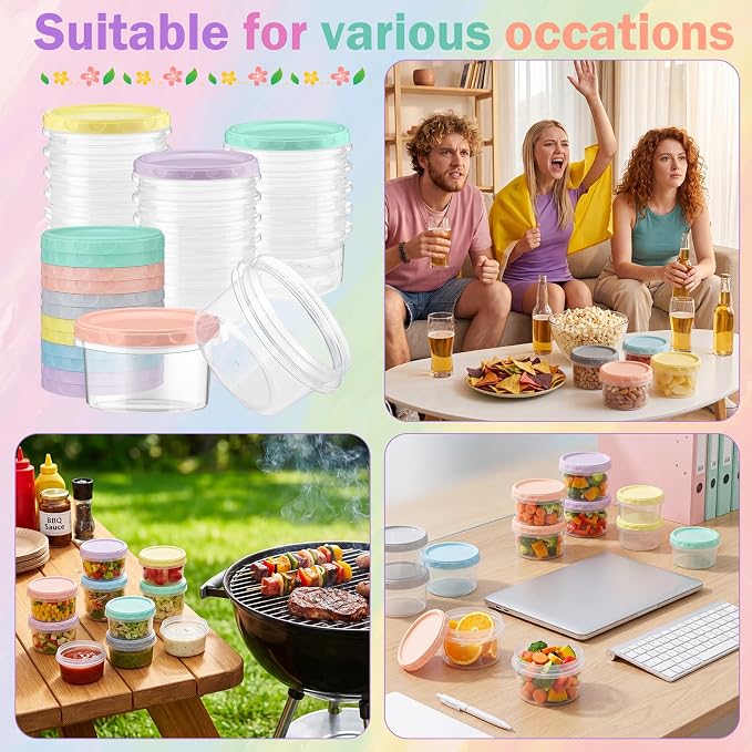 Sieral Pack 8 oz Freezer Containers with Lids Reusable Deli Freezer Storage Containers Stackable Plastic Thick Twist Top Jars for Takeout Food Round Wide Mouth Lunch Snack(Multicolor,36)